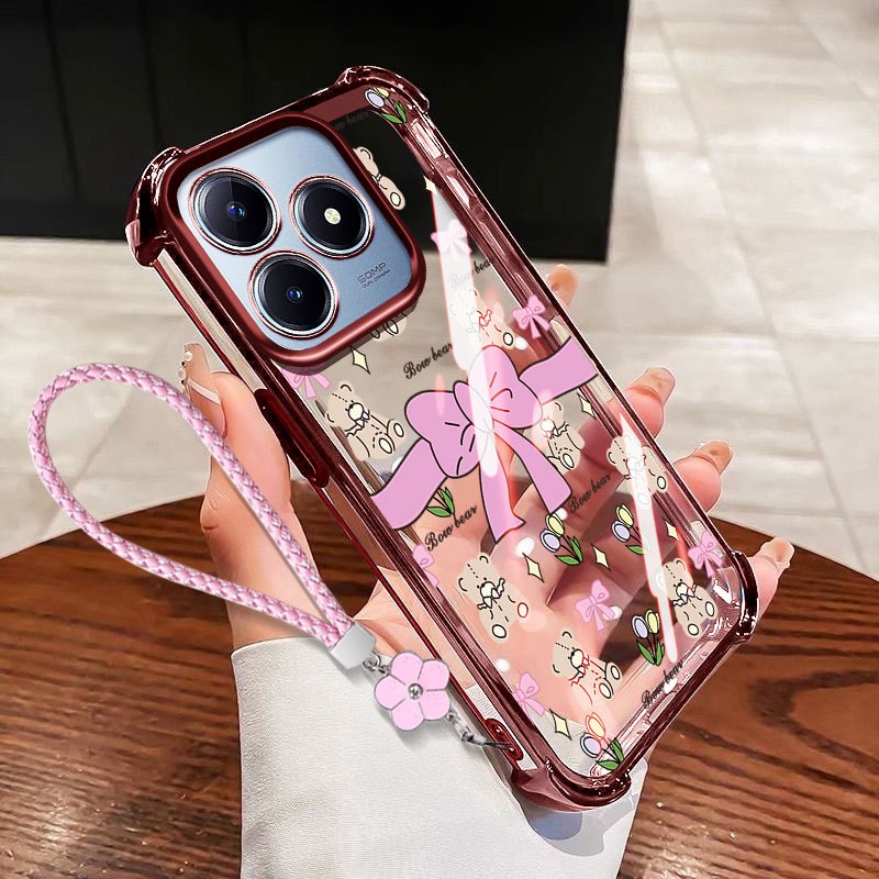 VRQR Dành Cho Oppo Realme C53 C51 C63 C61 Realme Note 50 60X 60 70T 70 80 4G Narzo N53 N63 N61 Ốp Điện Thoại Chống Rơi Nơ Nhỏ Trong Suốt Có Dây Hoa