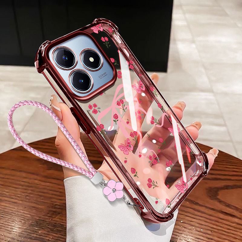 VRQR Dành Cho Oppo Realme C53 C51 C63 C61 Realme Note 50 60X 60 70T 70 80 4G Narzo N53 N63 N61 Ốp Điện Thoại Chống Rơi Nơ Nhỏ Trong Suốt Có Dây Hoa