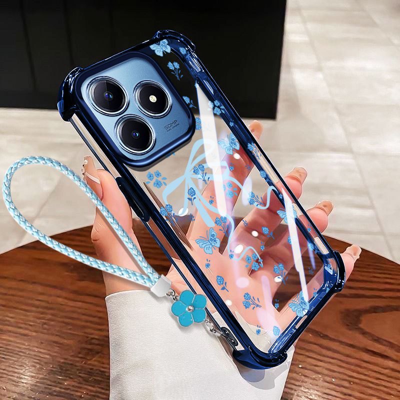 VRQR Dành Cho Oppo Realme C53 C51 C63 C61 Realme Note 50 60X 60 70T 70 80 4G Narzo N53 N63 N61 Ốp Điện Thoại Chống Rơi Nơ Nhỏ Trong Suốt Có Dây Hoa