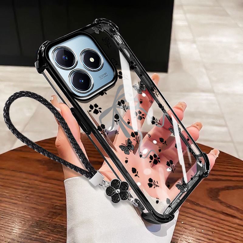 VRQR Dành Cho Oppo Realme C53 C51 C63 C61 Realme Note 50 60X 60 70T 70 80 4G Narzo N53 N63 N61 Ốp Điện Thoại Chống Rơi Nơ Nhỏ Trong Suốt Có Dây Hoa