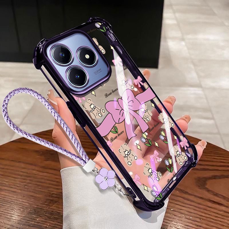 VRQR Dành Cho Oppo Realme C53 C51 C63 C61 Realme Note 50 60X 60 70T 70 80 4G Narzo N53 N63 N61 Ốp Điện Thoại Chống Rơi Nơ Nhỏ Trong Suốt Có Dây Hoa