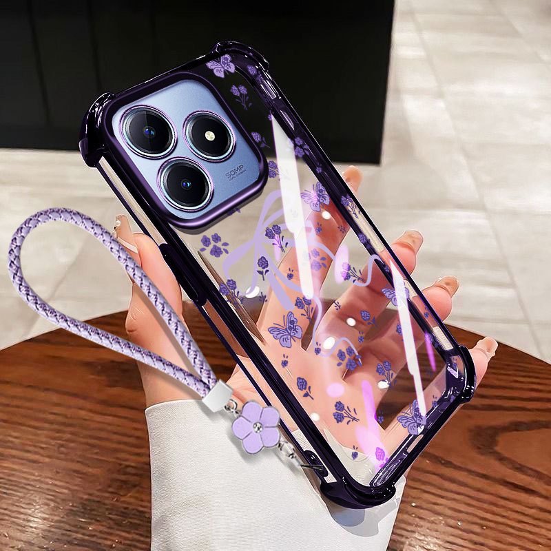 VRQR Dành Cho Oppo Realme C53 C51 C63 C61 Realme Note 50 60X 60 70T 70 80 4G Narzo N53 N63 N61 Ốp Điện Thoại Chống Rơi Nơ Nhỏ Trong Suốt Có Dây Hoa