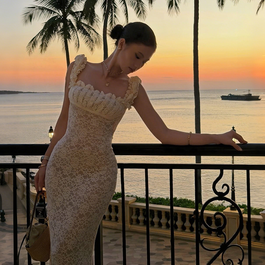 CuteNew Đầm Không Lưng Ren Hông Kẹp, Thanh Lịch và Lãng Mạn Phong Cách Pháp Cho Mùa Hè