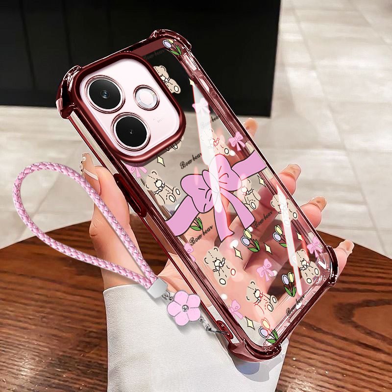 Ốp lưng VRQR cho Oppo A5i A5 Pro 5G 4G A5X A5i A5 4G 5G Vỏ điện thoại trong suốt chống rơi nơ nhỏ có dây hoa