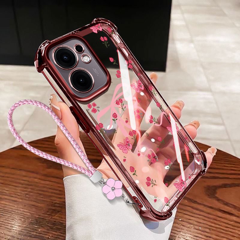 VRQR Dành Cho Vivo V70 FE 5G V60 Lite 5G 4G V60E 5G Nhỏ Nơ Tươi Trong Suốt Chống Rơi Vỏ Điện Thoại Có Dây Hoa