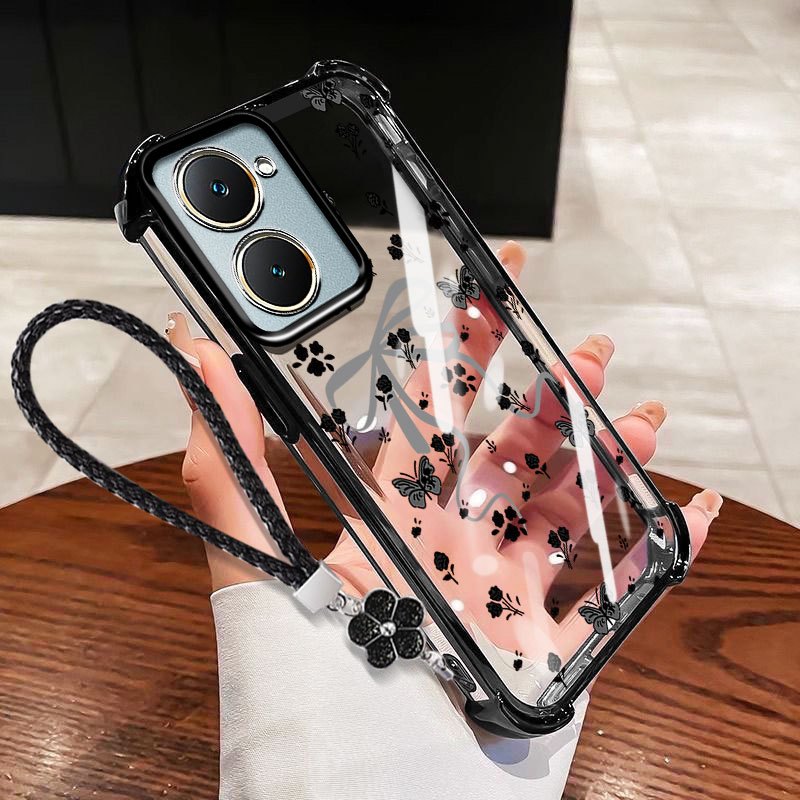 Vỏ VRQR cho Vivo Y05 4G Y11d Y21 Y11 5G Y03 Y03T Y18E Y18T Y18i Y18 Y02T Y02A Y02 Ốp Điện Thoại Chống Rơi Nơ Nhỏ Trong Suốt Có Dây Hoa