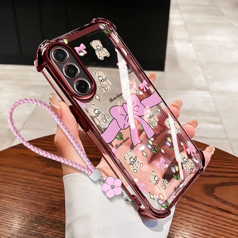 VRQR Dành Cho Samsung Galaxy A57 A37 A27 A17 A56 A36 A26 A16 5G 4G Nhỏ Nơ Tươi Trong Suốt Chống Rơi Vỏ Điện Thoại Có Dây Hoa