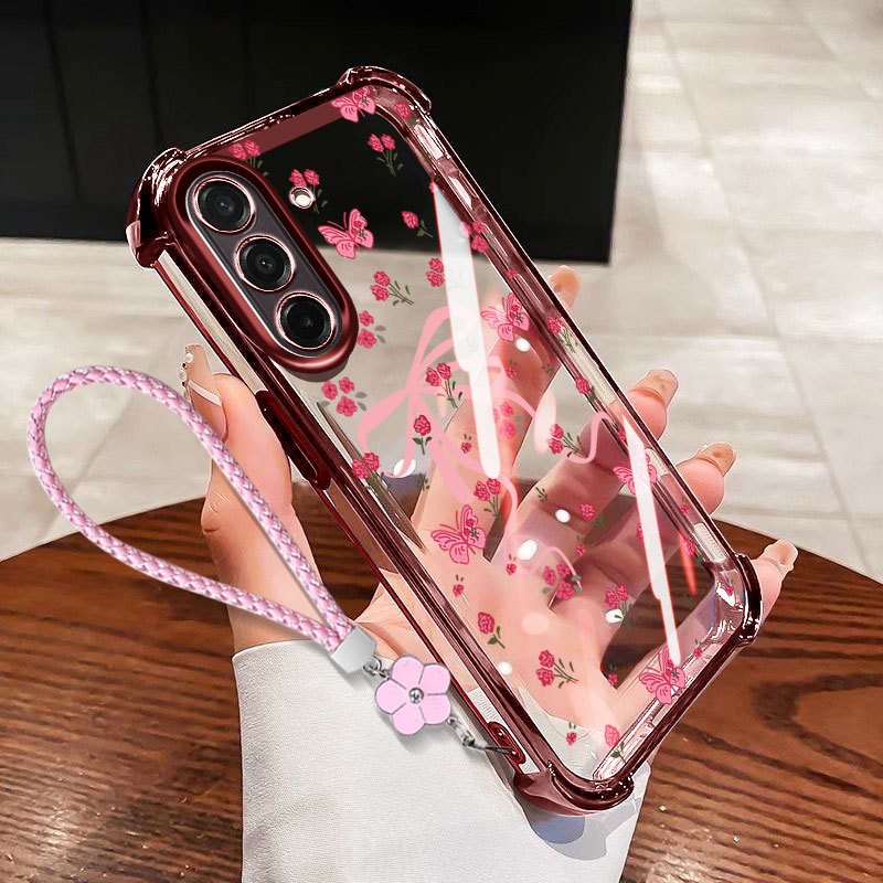 VRQR Dành Cho Samsung Galaxy A57 A37 A27 A17 A56 A36 A26 A16 5G 4G Nhỏ Nơ Tươi Trong Suốt Chống Rơi Vỏ Điện Thoại Có Dây Hoa