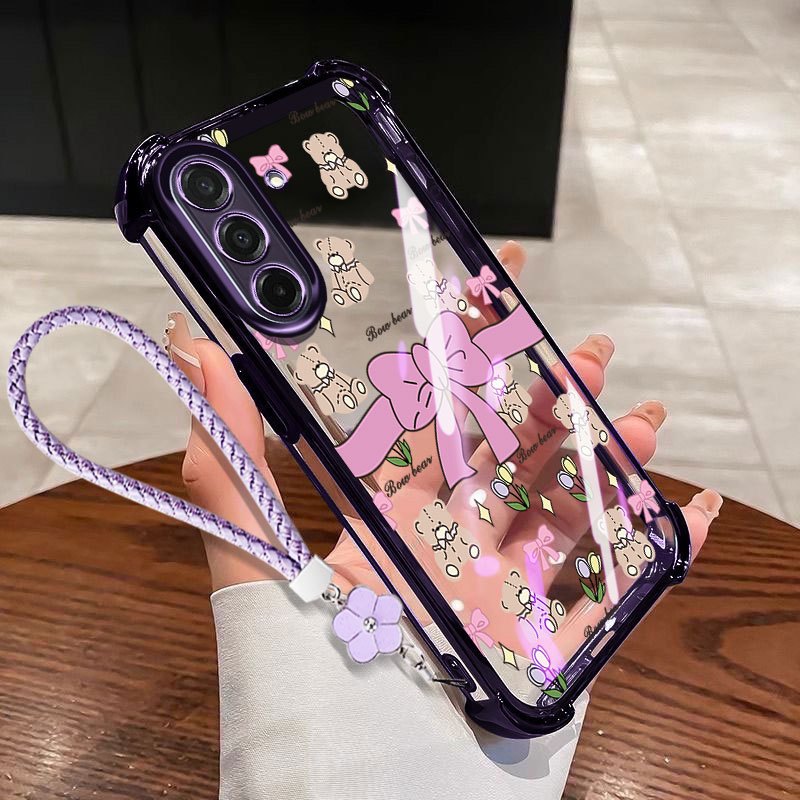 VRQR Dành Cho Samsung Galaxy A57 A37 A27 A17 A56 A36 A26 A16 5G 4G Nhỏ Nơ Tươi Trong Suốt Chống Rơi Vỏ Điện Thoại Có Dây Hoa