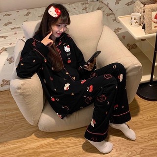 Bộ đồ ngủ hai mảnh mèo hoạt hình ngọt ngào, quần dài tay dành cho nữ