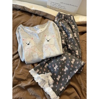 Bộ Đồ Ngủ Nữ Ren Cạnh Dài Tay, Phù Hợp Cho Chó Dễ Thương