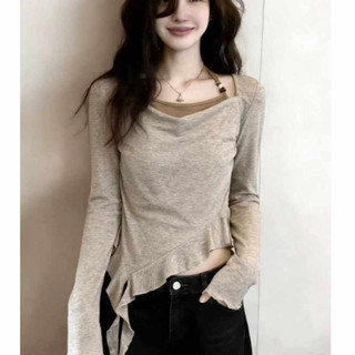 Áo sơ mi nữ cổ đứng tay dài, thiết kế slim-fit hai mảnh, phù hợp mùa xuân