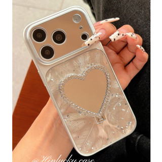 Mạ Điện Bạc Lấp Lánh Kim Cương Lông Vũ Trái Tim Tình Yêu Gương Trang Điểm Giá Đỡ Điện Thoại Cho iPhone 17Promax 14 15 16 Pro Max Chống Sốc Nữ Vỏ Di Động
