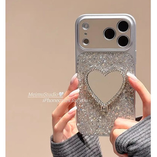 Mạ Điện Bạc Lấp Lánh Kim Cương Lông Vũ Trái Tim Tình Yêu Gương Trang Điểm Giá Đỡ Điện Thoại Cho iPhone 17Promax 14 15 16 Pro Max Chống Sốc Nữ Vỏ Di Động