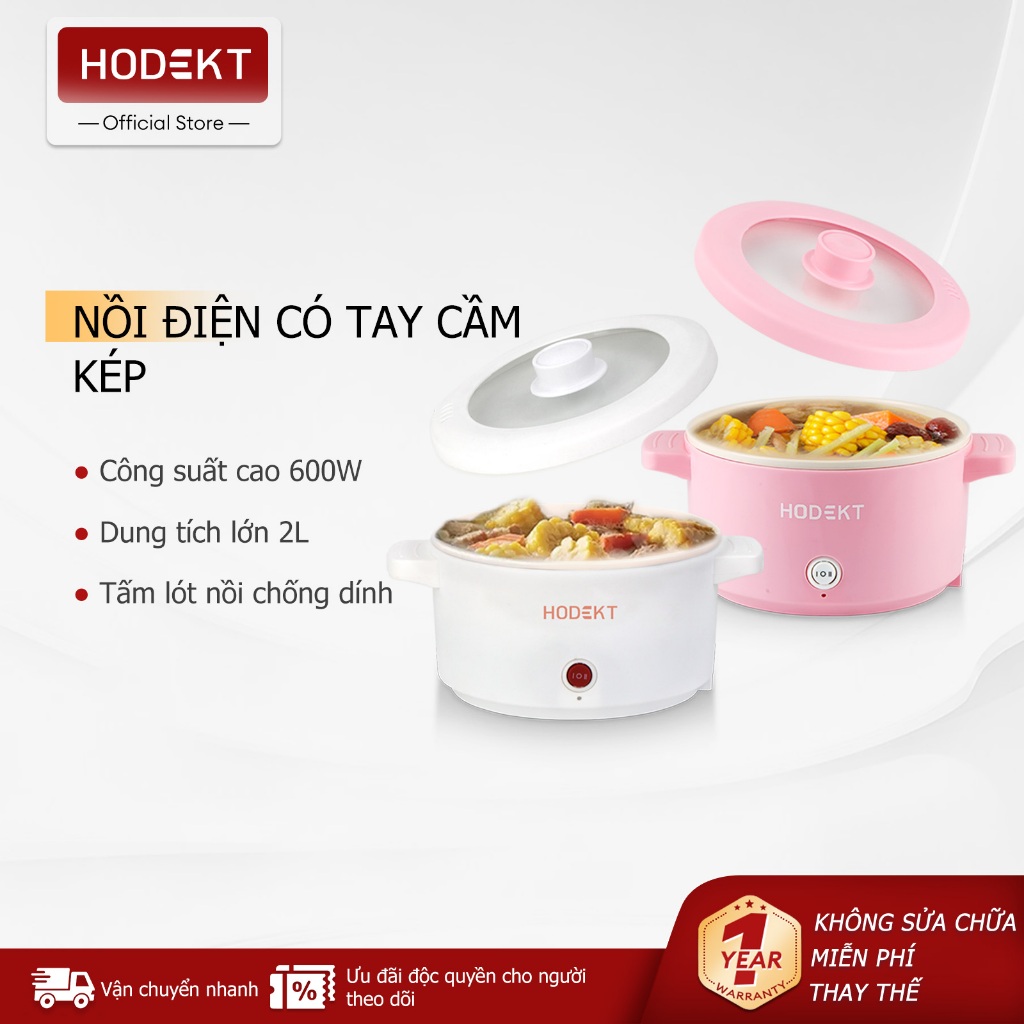 Nồi Điện Đa Năng HODEKT 2 Tay Cầm 2L, Công Suất 600W, 2 Mức Nhiệt, Lớp Phủ Men Gốm Chống Dính