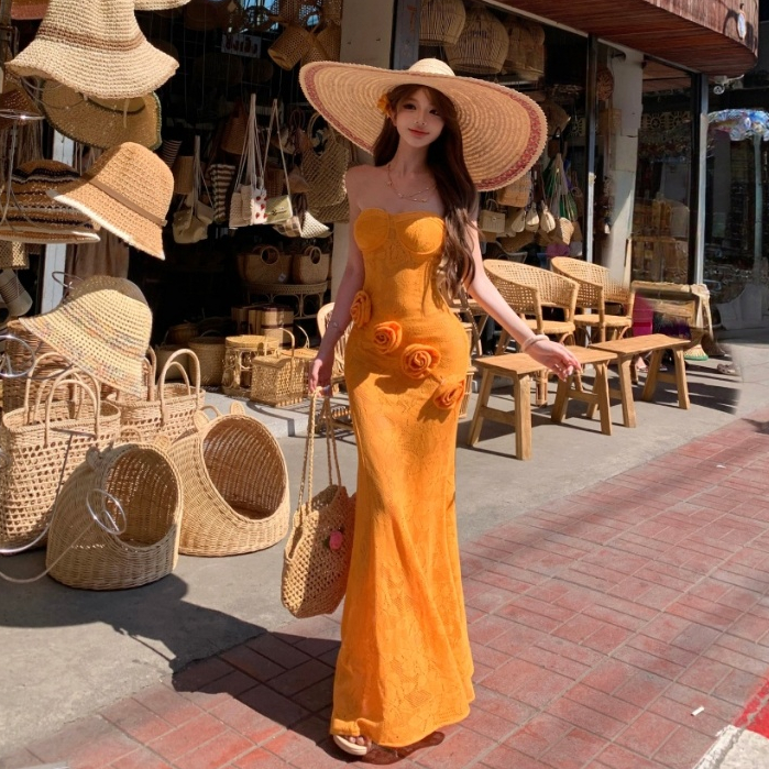 Bohemian Gợi Cảm Cam Voan Ống Top Váy Dài Nữ Mỏng Hơn Nhìn Co Giãn Cổ Một Dòng Không Tay Ba Chiều Trang Trí Hoa Giữa Chiều Dài Đuôi Cá Đầm