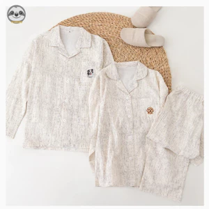 Quần dài tay sọc cotton nguyên chất phong cách cặp đôi Đồ mặc nhà / Nam nữ 100% cotton Bộ đồ ngủ sợi hai lớp / Áo khoác ngoài thời trang dài @ -