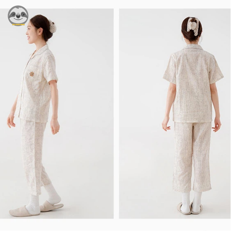 Bộ đồ ngủ ngắn tay sọc cotton nguyên chất phong cách cặp đôi / Bộ đồ ngủ hai lớp bằng sợi cotton / Bộ đồ ngắn mặc ngoài thời trang