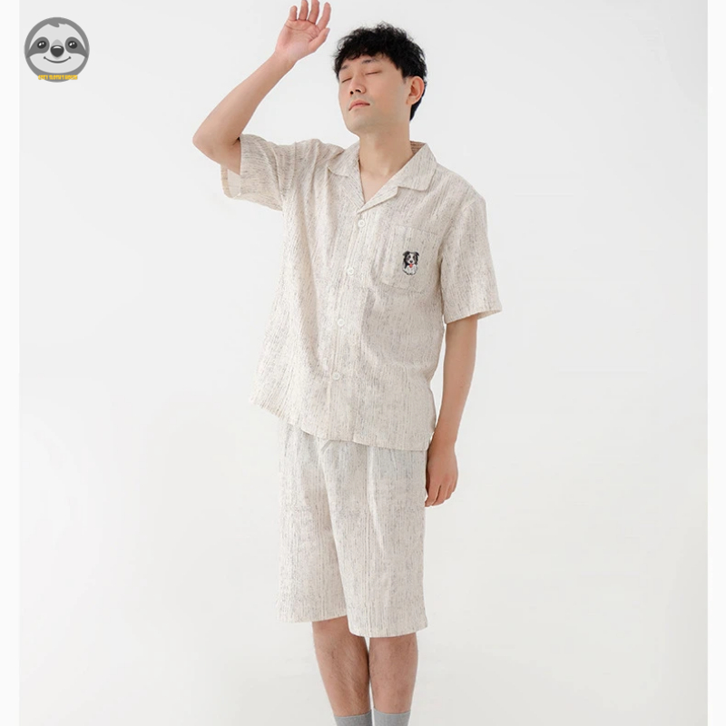 Bộ đồ ngủ ngắn tay sọc cotton nguyên chất phong cách cặp đôi / Bộ đồ ngủ hai lớp bằng sợi cotton / Bộ đồ ngắn mặc ngoài thời trang