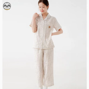 Bộ đồ ngủ ngắn tay sọc cotton nguyên chất phong cách cặp đôi / Bộ đồ ngủ hai lớp bằng sợi cotton / Bộ đồ ngắn mặc ngoài thời trang