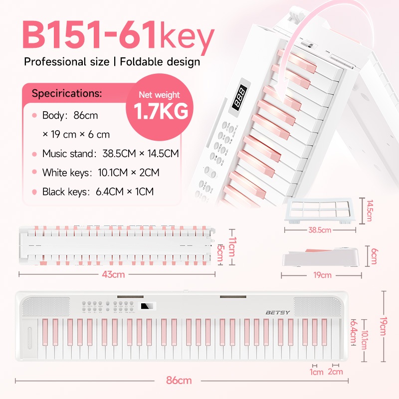 (Lô hàng kho địa phương COD) BETSY Đàn Piano Điện Tử B151T 61 Phím Gọn Phù Hợp Cho Trẻ Em Và Người Mới Bắt Đầu Thiết Kế Tiện Dễ Di Chuyển