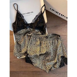 Bộ đồ ngủ ren da báo dành cho nữ quần short dây gợi cảm
