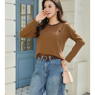 Áo dài tay sọc nâu nữ thêu trái tim - Trang phục ấm cúng cho mùa thu đông