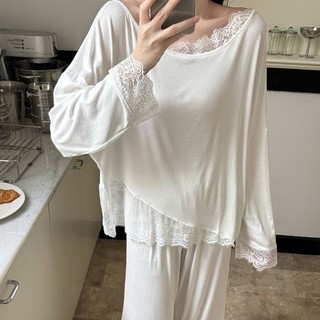 Quần dài tay nữ có đệm ngực, thiết kế viền ren đơn giản, thoải mái khi ở nhà