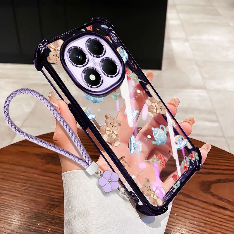 VRQR Dành Cho Xiaomi Redmi Note 15 Pro Plus Note 15 Pro + 5G 4G Poco M8 Pro 5G Mini Bear Chống Sốc Trong Suốt Ốp Lưng Điện Thoại Có Dây Hoa
