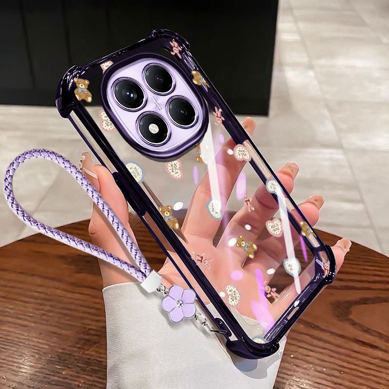 VRQR Dành Cho Xiaomi Redmi Note 15 Pro Plus Note 15 Pro + 5G 4G Poco M8 Pro 5G Mini Bear Chống Sốc Trong Suốt Ốp Lưng Điện Thoại Có Dây Hoa