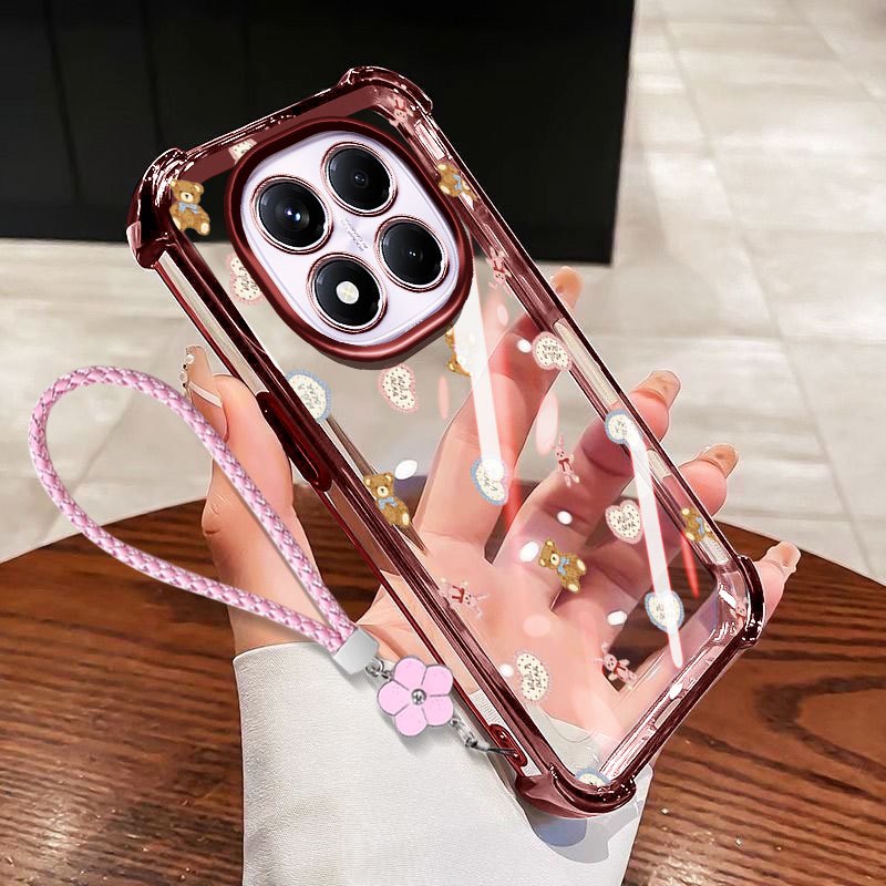 VRQR Dành Cho Xiaomi Redmi Note 15 Pro Plus Note 15 Pro + 5G 4G Poco M8 Pro 5G Mini Bear Chống Sốc Trong Suốt Ốp Lưng Điện Thoại Có Dây Hoa