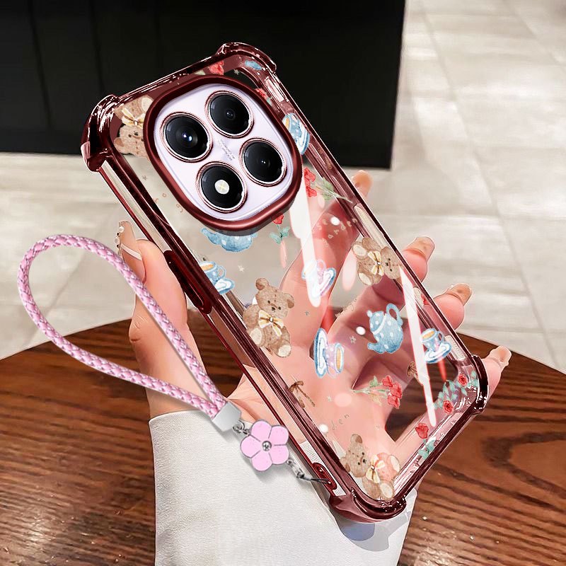 VRQR Dành Cho Xiaomi Redmi Note 15 Pro Plus Note 15 Pro + 5G 4G Poco M8 Pro 5G Mini Bear Chống Sốc Trong Suốt Ốp Lưng Điện Thoại Có Dây Hoa