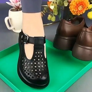 Mùa Xuân Mùa Hè 2024 Phong Cách Mới Đế Dày Thường Ngày Thoải Mái Thoáng Khí Rỗng Ra Giày Da Thật Mũi Tròn Đế Mềm Lỗ Giày