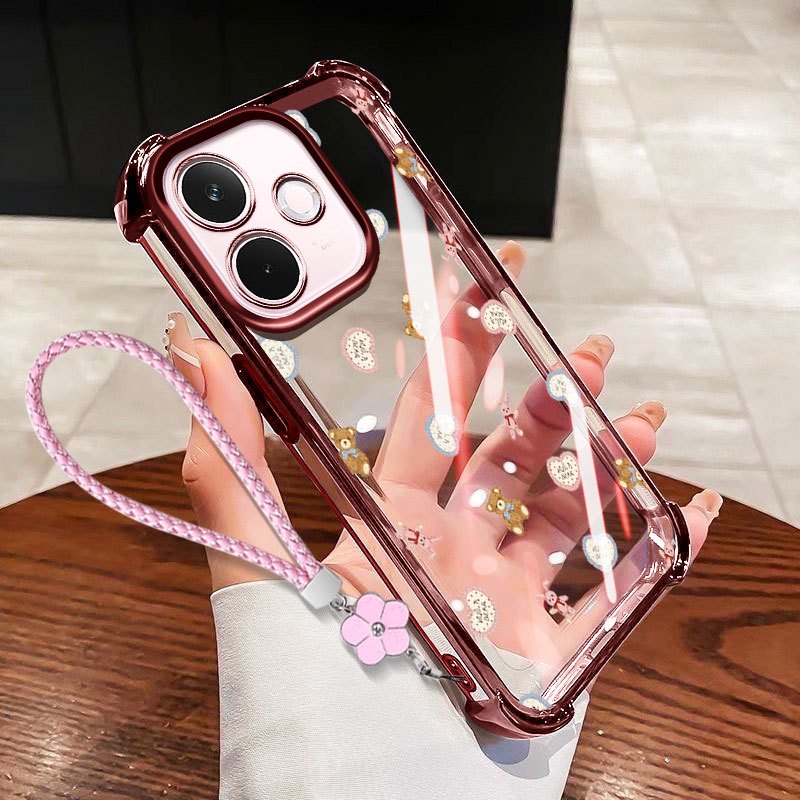 Ốp lưng VRQR cho Oppo A5i A5 Pro 5G 4G A5X A5i A5 4G 5G Vỏ điện thoại trong suốt chống sốc hình gấu Mini có dây hoa