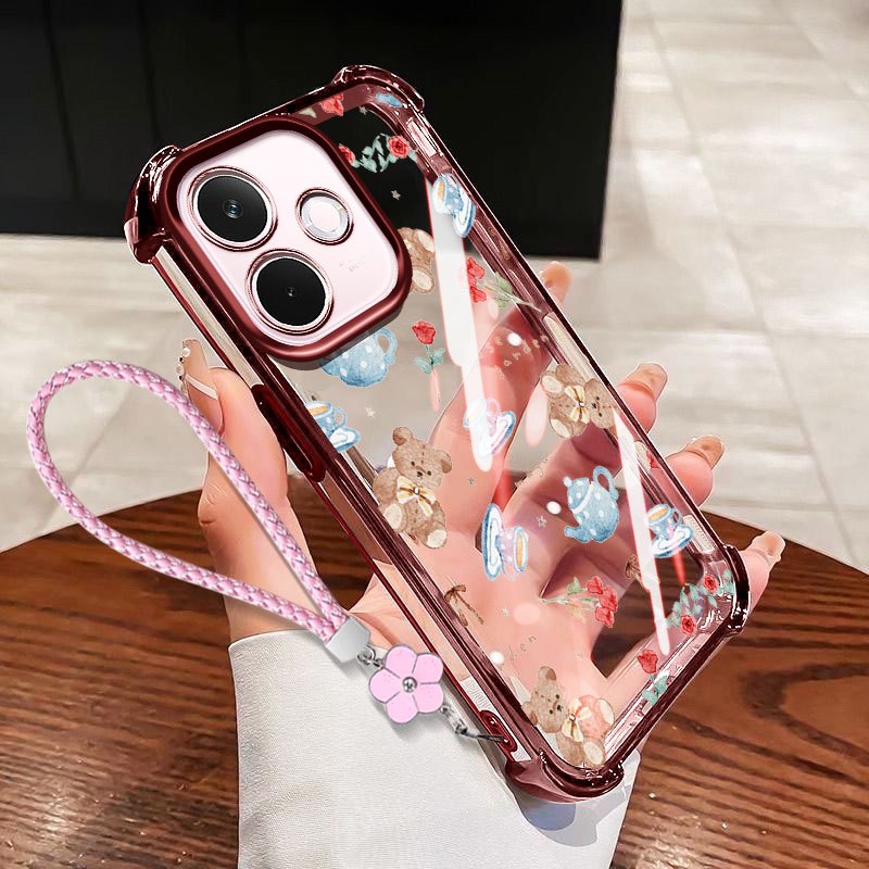 Ốp lưng VRQR cho Oppo A5i A5 Pro 5G 4G A5X A5i A5 4G 5G Vỏ điện thoại trong suốt chống sốc hình gấu Mini có dây hoa