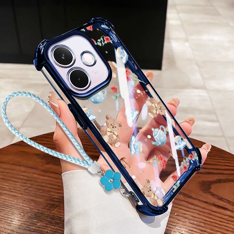 Ốp lưng VRQR cho Oppo A5i A5 Pro 5G 4G A5X A5i A5 4G 5G Vỏ điện thoại trong suốt chống sốc hình gấu Mini có dây hoa