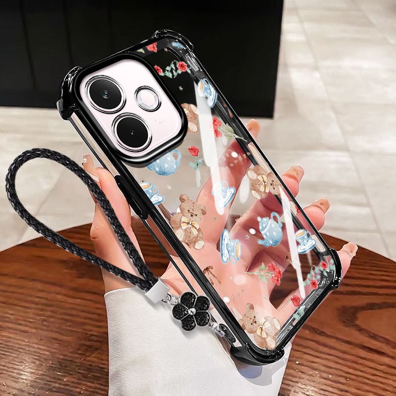 Ốp lưng VRQR cho Oppo A5i A5 Pro 5G 4G A5X A5i A5 4G 5G Vỏ điện thoại trong suốt chống sốc hình gấu Mini có dây hoa