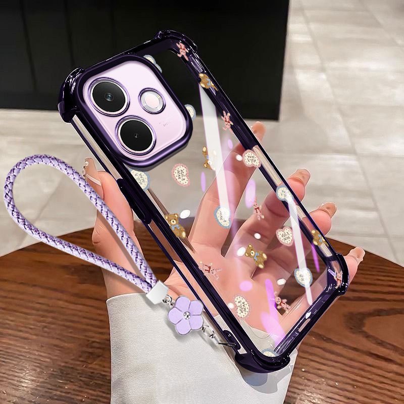 Ốp lưng VRQR cho Oppo A5i A5 Pro 5G 4G A5X A5i A5 4G 5G Vỏ điện thoại trong suốt chống sốc hình gấu Mini có dây hoa