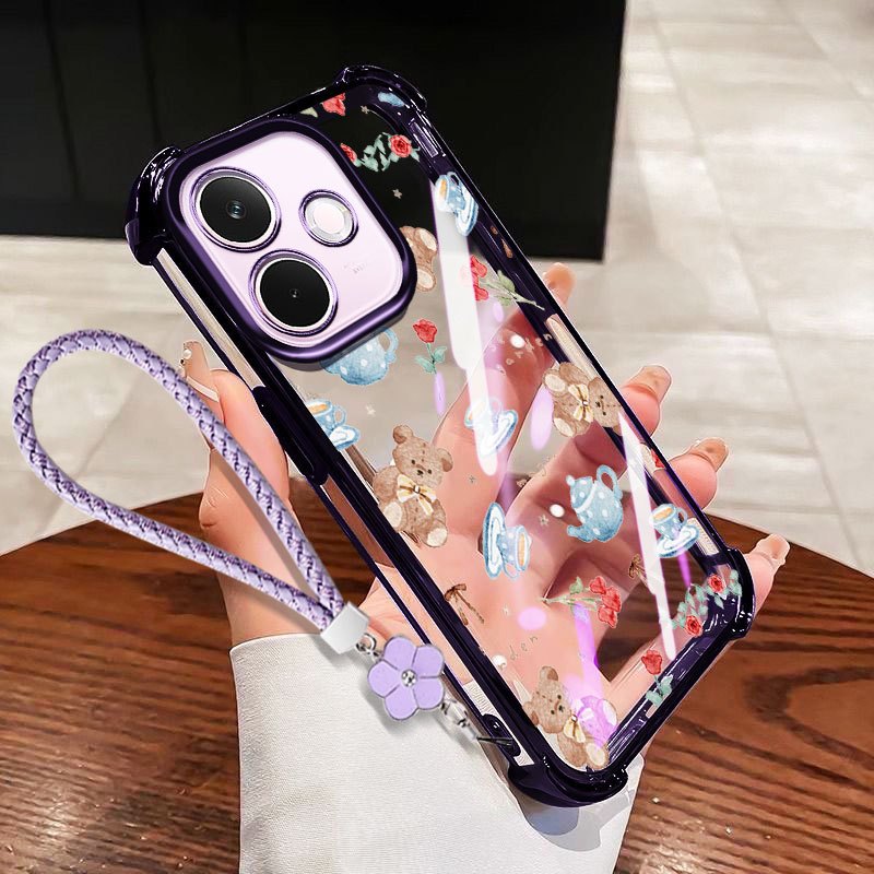 Ốp lưng VRQR cho Oppo A5i A5 Pro 5G 4G A5X A5i A5 4G 5G Vỏ điện thoại trong suốt chống sốc hình gấu Mini có dây hoa