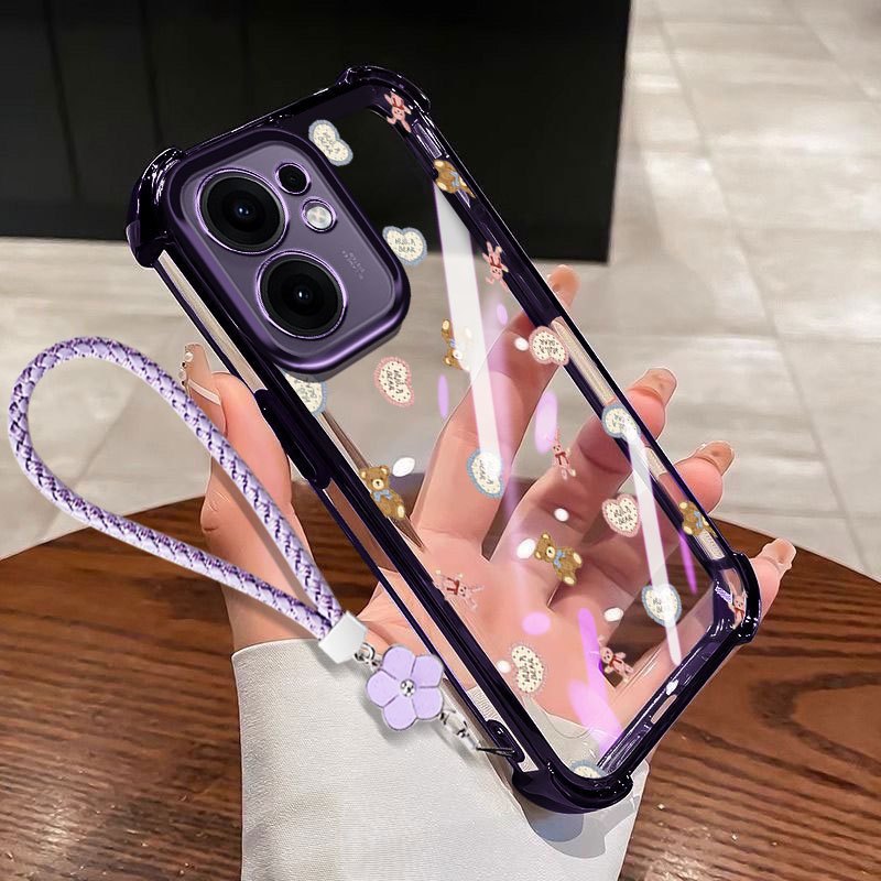 VRQR Dành Cho Oppo Reno15 Reno16 F 5G Reno 15 16 Pro 5G 15F 16F Mini Gấu Chống Sốc Trong Suốt Ốp Lưng Điện Thoại Có Dây Hoa