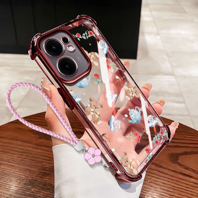 VRQR Dành Cho Oppo Reno15 Reno16 F 5G Reno 15 16 Pro 5G 15F 16F Mini Gấu Chống Sốc Trong Suốt Ốp Lưng Điện Thoại Có Dây Hoa