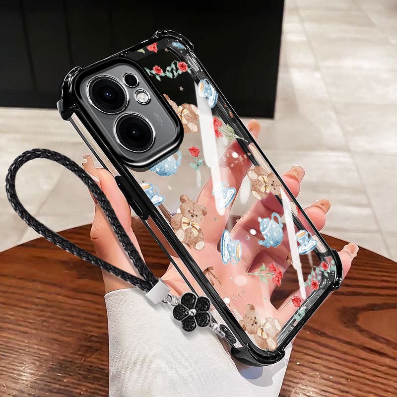 VRQR Dành Cho Oppo Reno15 Reno16 F 5G Reno 15 16 Pro 5G 15F 16F Mini Gấu Chống Sốc Trong Suốt Ốp Lưng Điện Thoại Có Dây Hoa