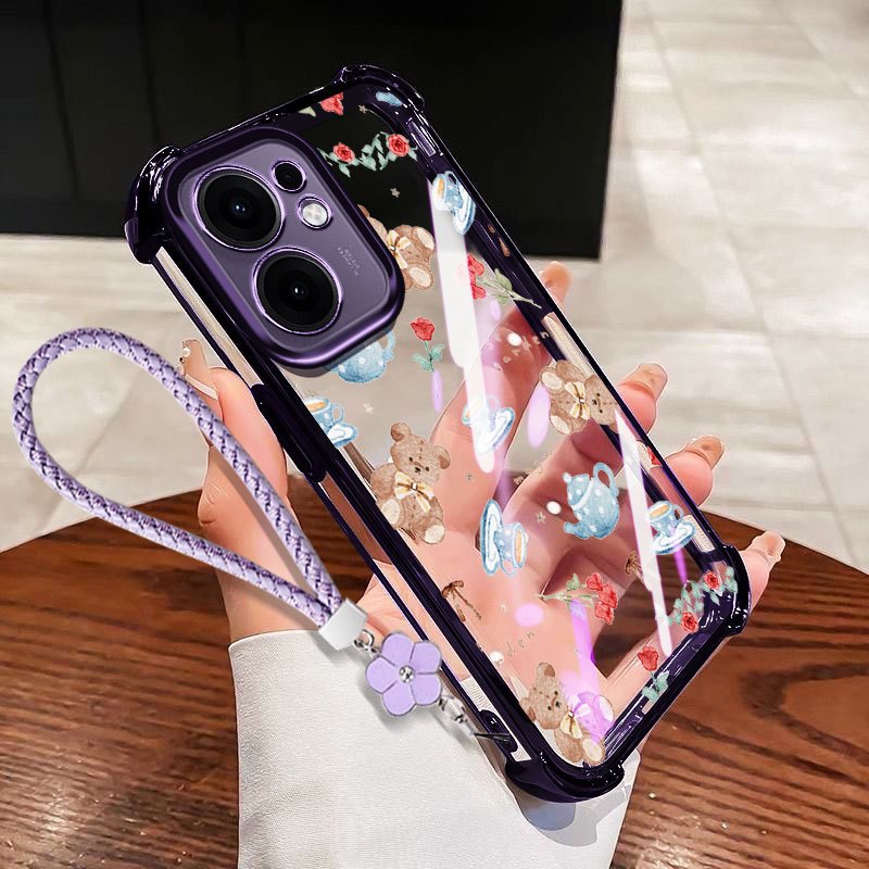 VRQR Dành Cho Oppo Reno15 Reno16 F 5G Reno 15 16 Pro 5G 15F 16F Mini Gấu Chống Sốc Trong Suốt Ốp Lưng Điện Thoại Có Dây Hoa