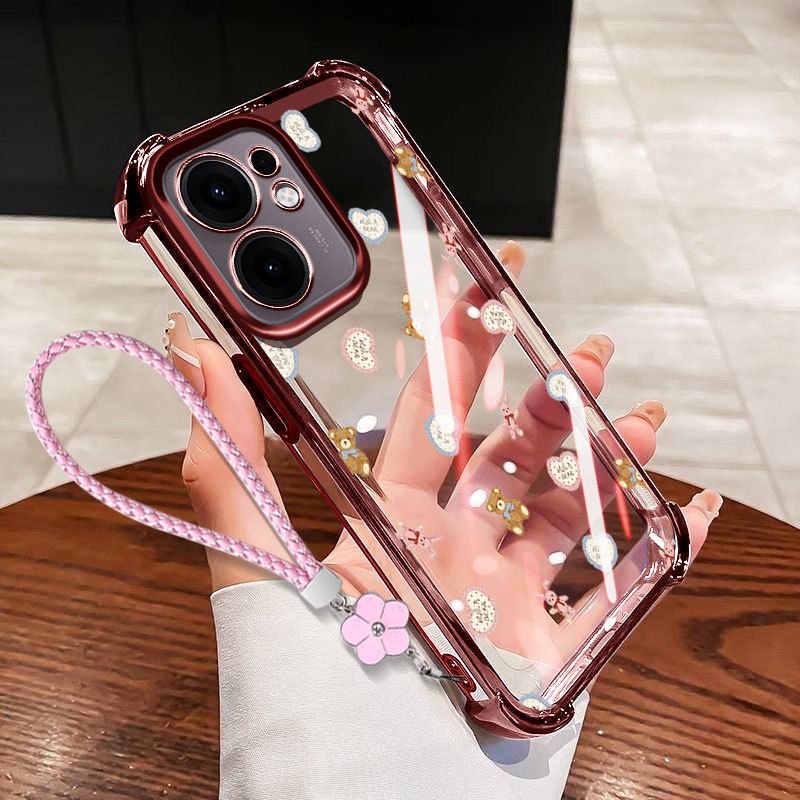 VRQR Dành Cho Oppo Reno15 Reno16 F 5G Reno 15 16 Pro 5G 15F 16F Mini Gấu Chống Sốc Trong Suốt Ốp Lưng Điện Thoại Có Dây Hoa