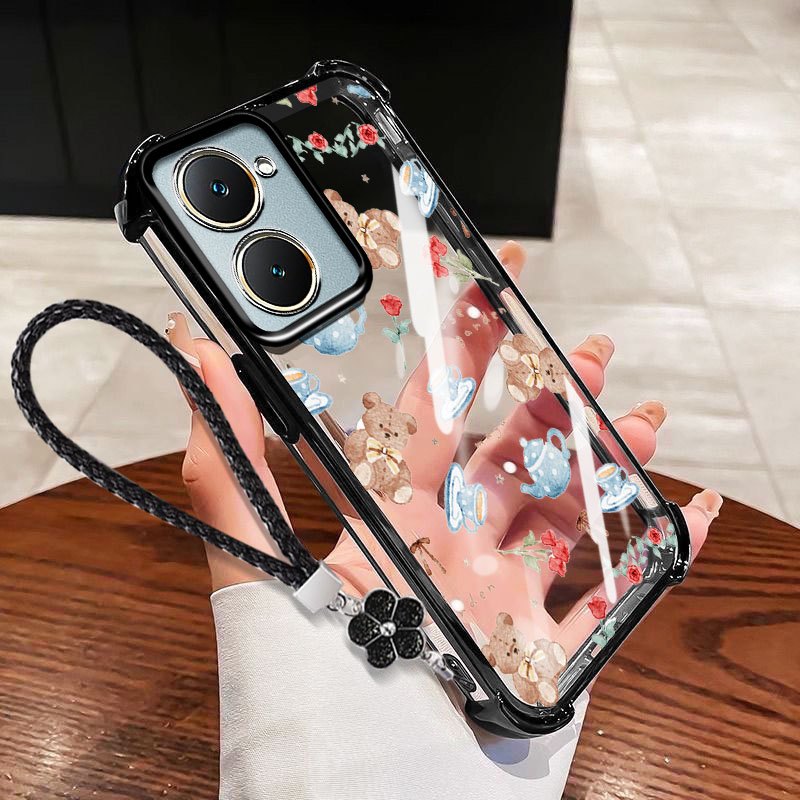 Vỏ VRQR cho Vivo Y05 4G Y11d Y21 Y11 5G Y03 Y03T Y18E Y18T Y18i Y18 Y02T Y02A Y02 Ốp Điện Thoại Trong Suốt Chống Sốc Gấu Mini Có Dây Hoa