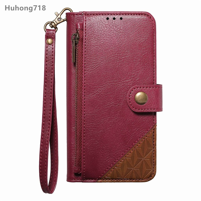 Dành Cho iPhone 11 12 13 14 15 Pro Max Plus Ví Bao Da Lật Dây Kéo Đồng Xu Túi Mềm TPU Toàn Thân Chống Sốc Có Dây Đeo Cổ Tay