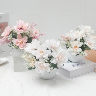 Nhân Tạo Chậu Hoa Mini Giả Cây Cảnh Lụa Hoa Bộ Nhà Phòng Để Bàn Trang Trí Văn Phòng Bình Nhựa Nhỏ Trang Trí Đám Cưới Thẩm Mỹ Hồng Trắng