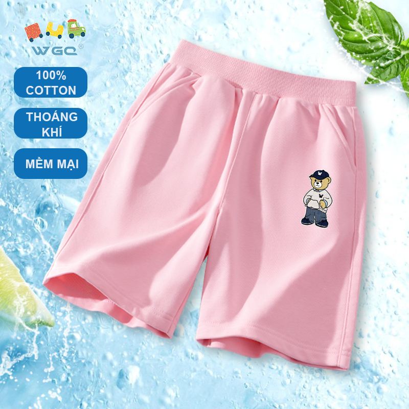 W.G.Q Quần short bé trai / bé gái，Quần short thể thao Cotton nguyên chất có in hình gấu，mềm mại thoải mái，thấm mồ hôi thoáng khí
