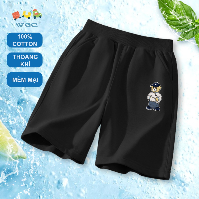 W.G.Q Quần short bé trai / bé gái，Quần short thể thao Cotton nguyên chất có in hình gấu，mềm mại thoải mái，thấm mồ hôi thoáng khí