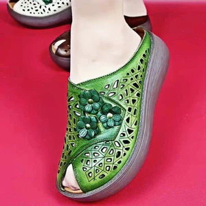 Dép Da Thật Chính Hãng Đế Dày Nữ 2025 Phong Cách Mới Thoáng Khí Mùa Hè Miệng Cá Handmade Hoa Retro Phong Cách Dân Tộc Rỗng Dép